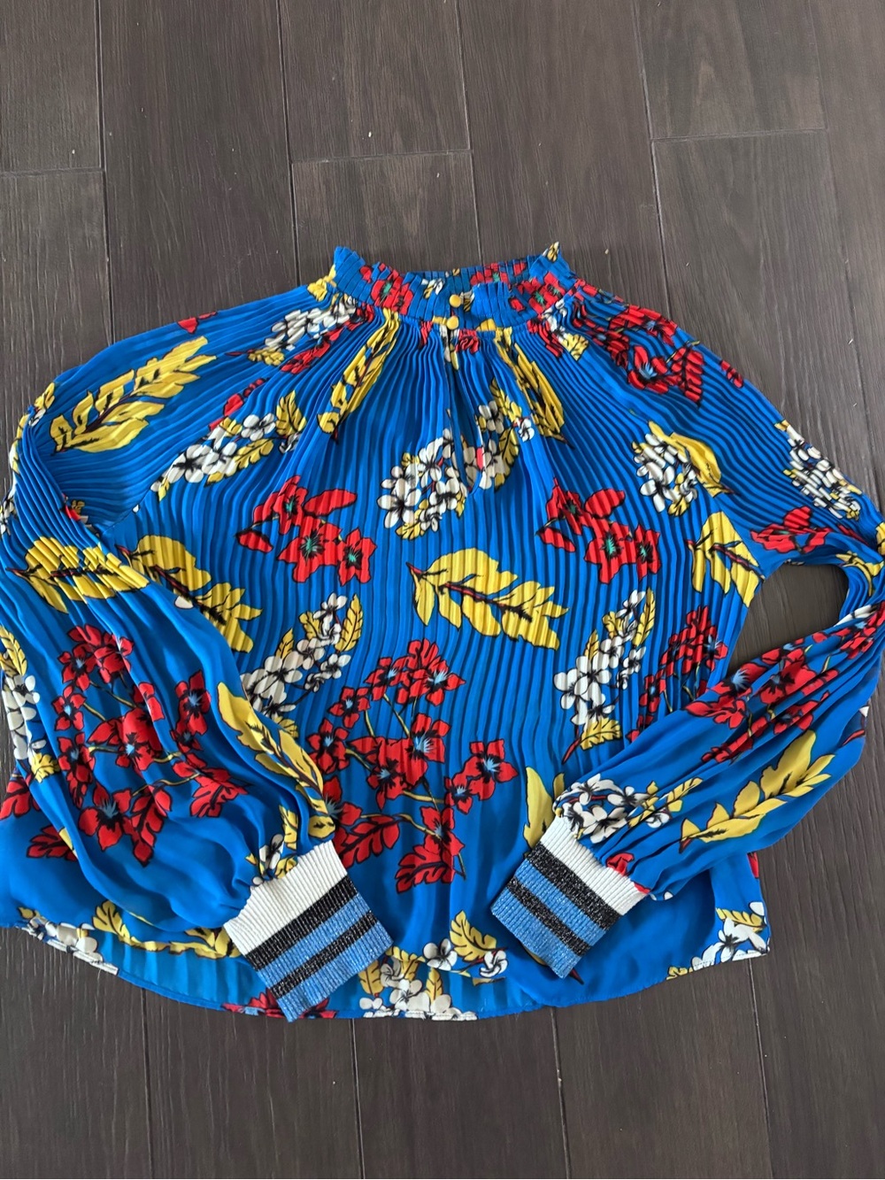 Anthropologie Bright Blue Floral Pleated Blouse